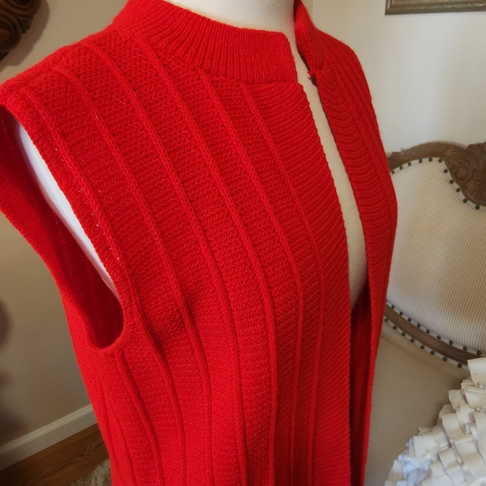 Red Vintage College Point Open Front Cardigan Sweater Vest View 3